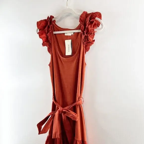 Nation LTD Everly Frilly Ruffle Strap Tiered Cotton Midi Dress Cayene Red Small - Picture 9 of 11